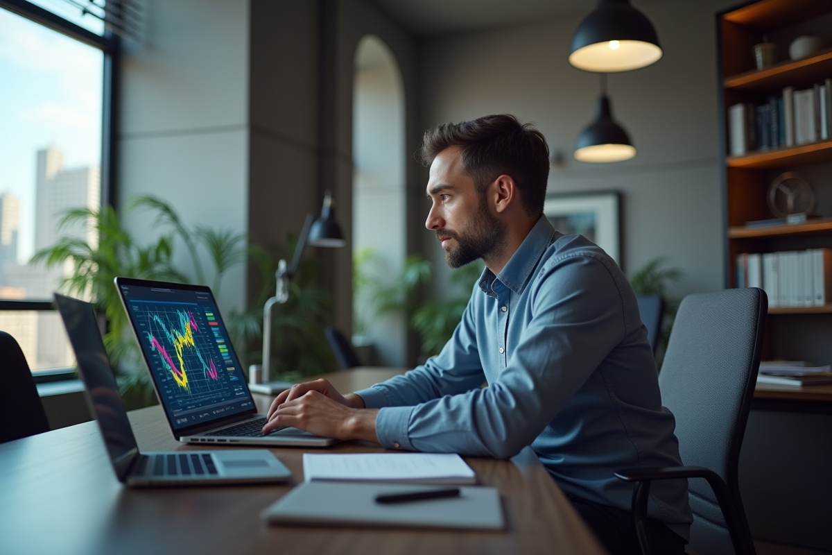 Homme d affaires analysant des graphiques sur son ordinateur