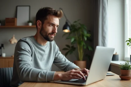 Homme assis à un bureau moderne utilisant un ordinateur portable