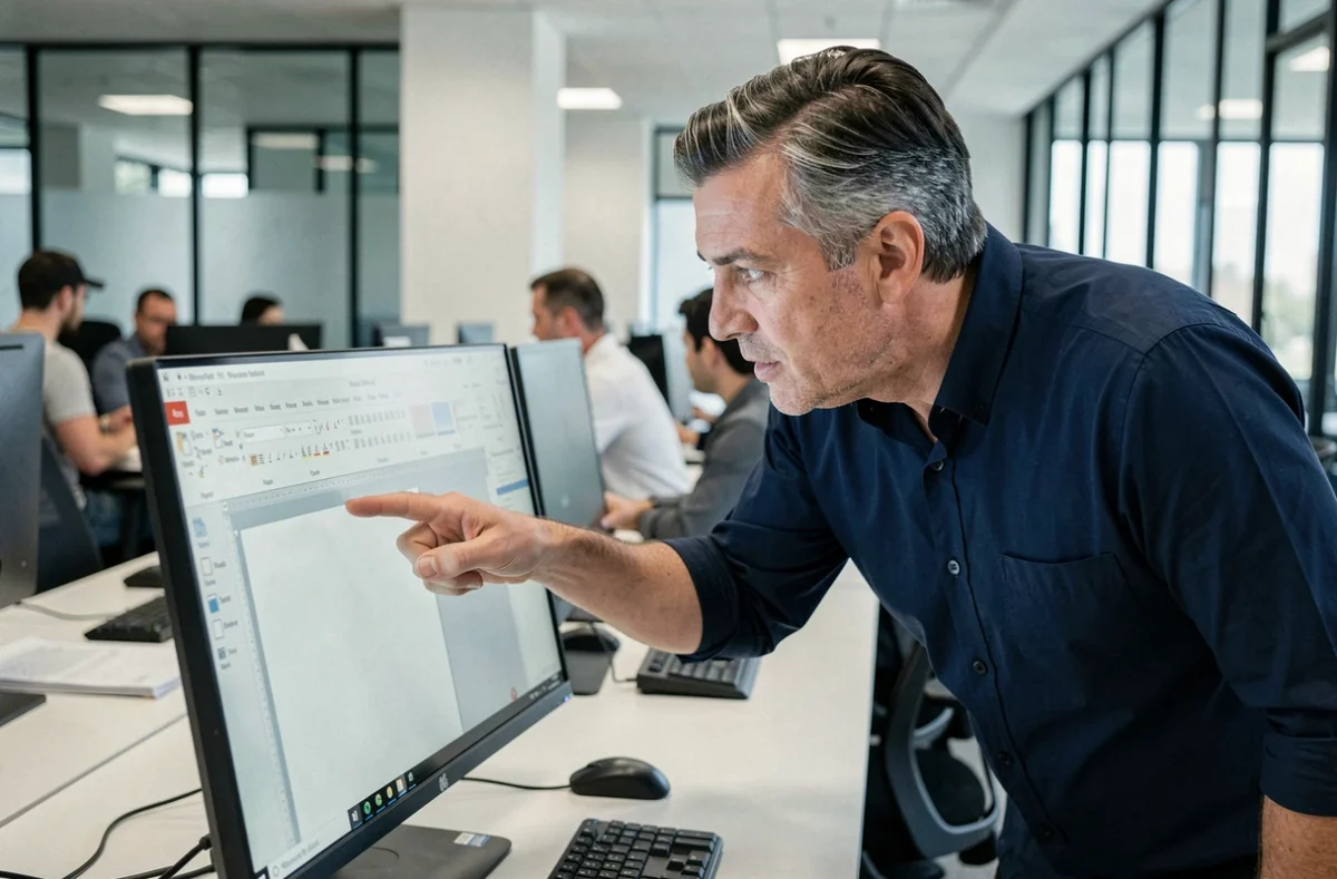 Homme en bureau professionnel pointant une page blanche indésirable dans un document Word sur écran