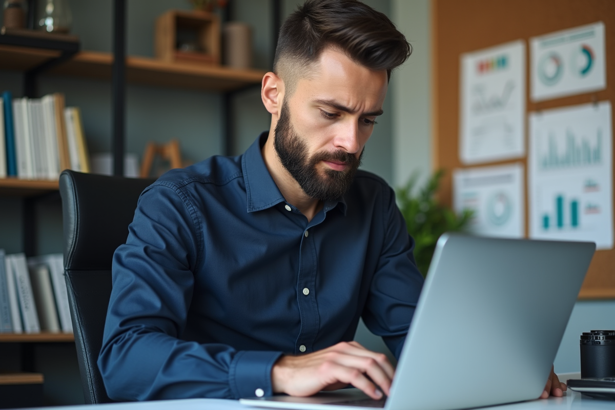 Homme concentré sur son ordinateur dans un bureau moderne