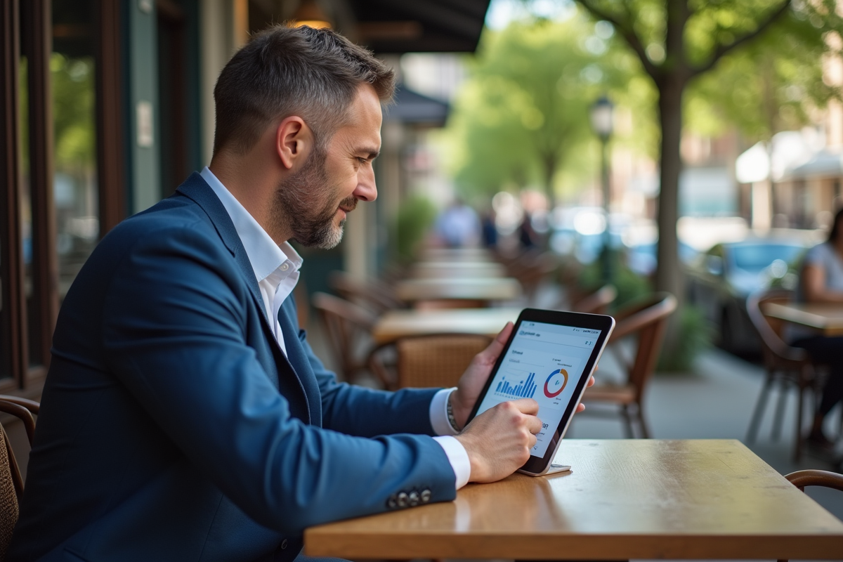 Homme au café consultant des graphiques web sur une tablette