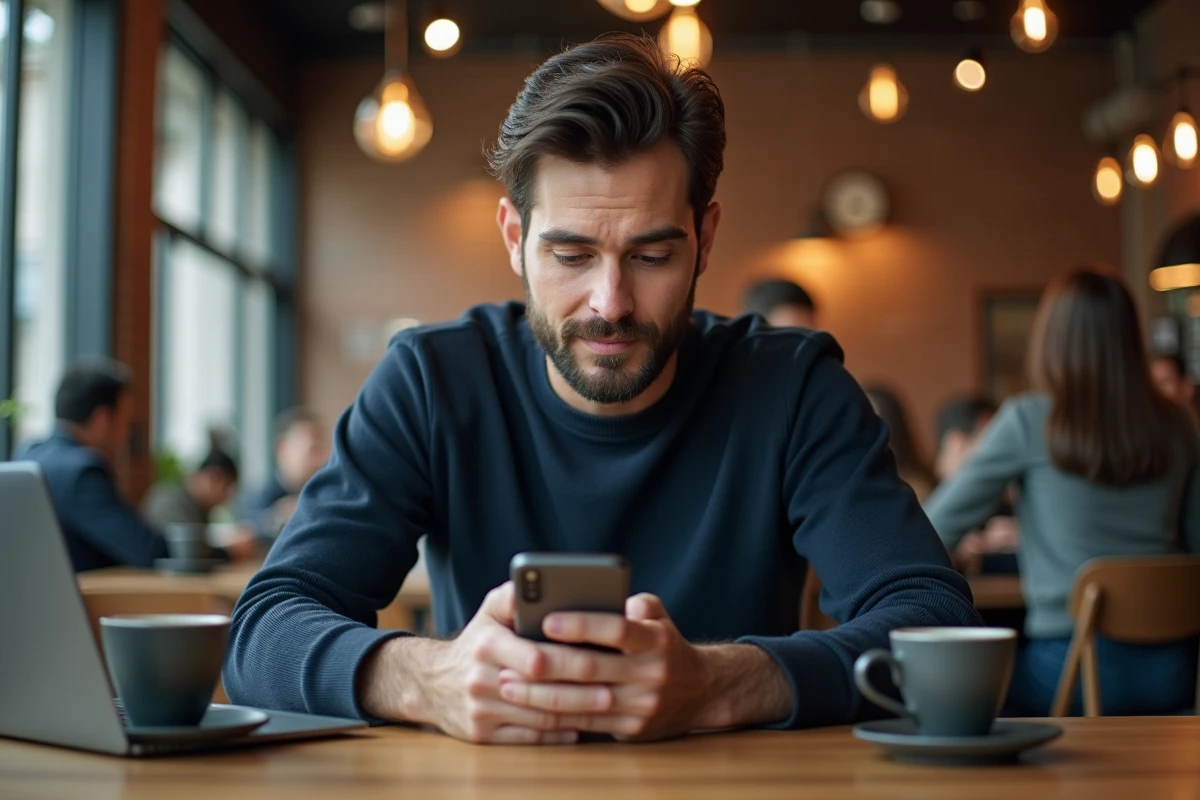 Homme comparant les prix de l'iPhone 16e sur internet dans un café urbain, illustrant la recherche des meilleures offres et promotions en 2026