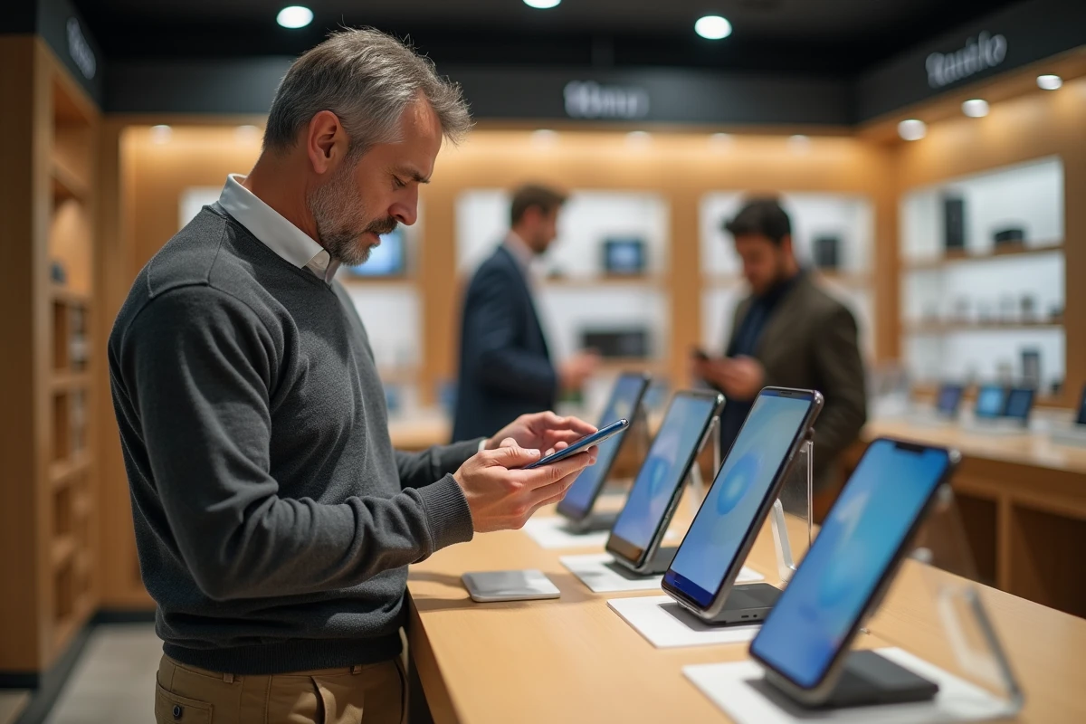 Homme compare deux smartphones dans un magasin moderne