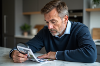 Homme d'âge moyen examinant une photo avec une loupe