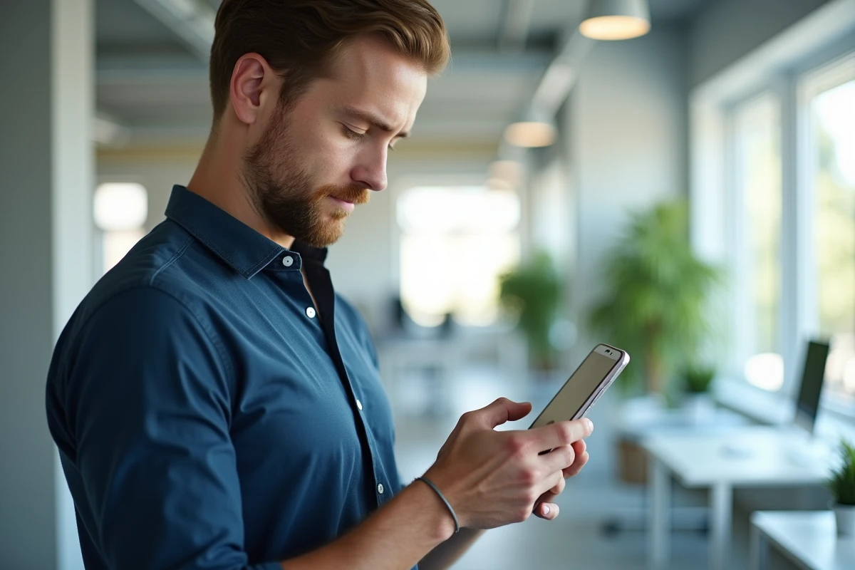 Homme professionnel configurant un compte webmail sur mobile dans un bureau moderne