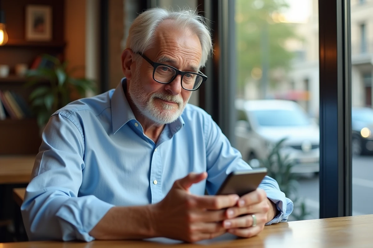 Homme âgé montrant la conversion JPEG PDF au café