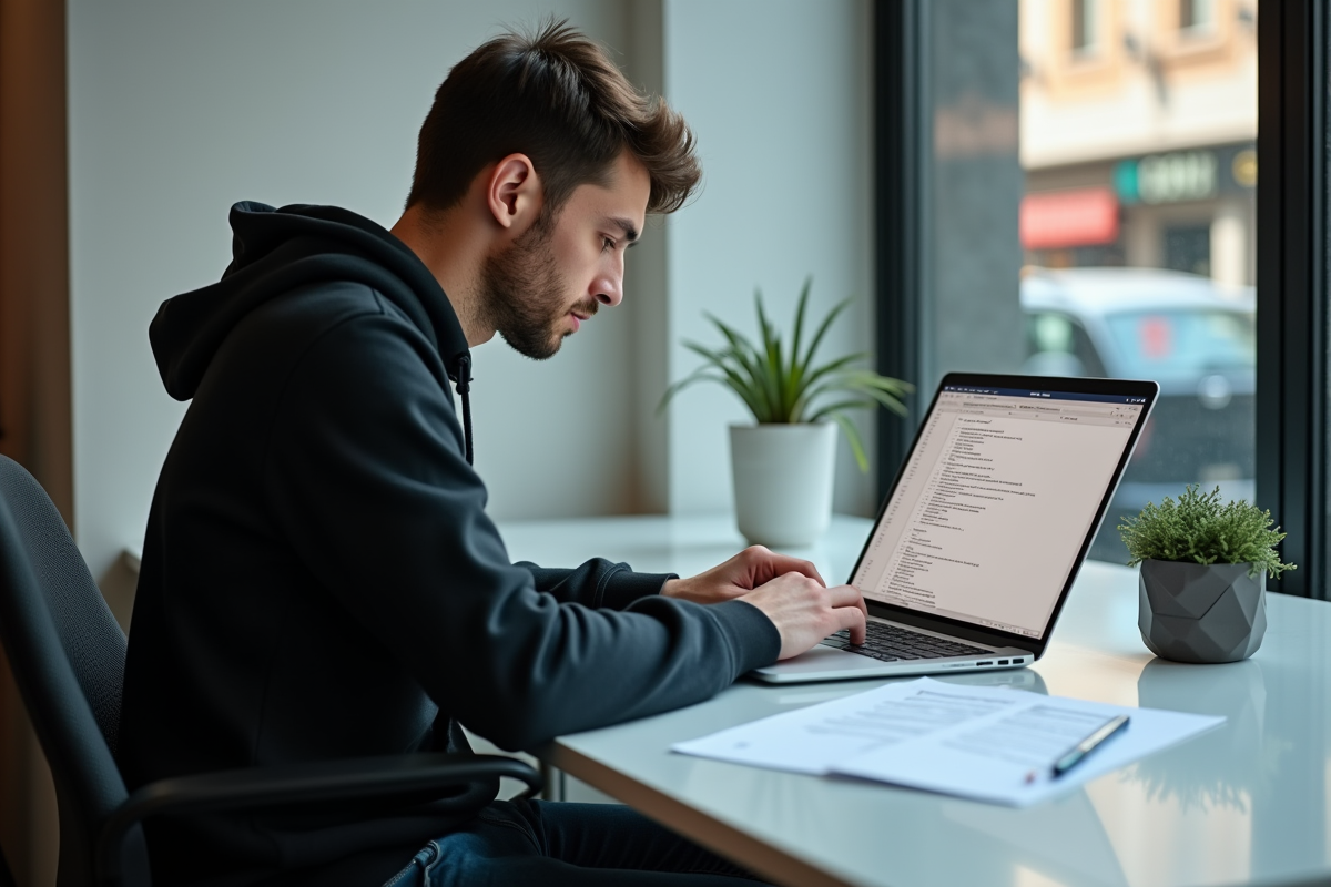 Jeune homme tapant sur son ordinateur avec une checklist à côté