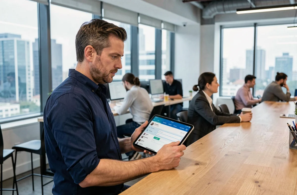 Homme en espace de coworking utilisant un outil de comptage de caractères pour gérer ses publications sociales