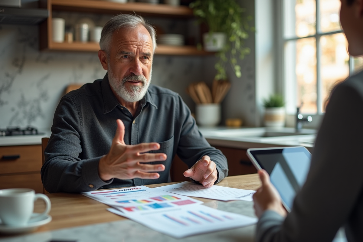 Homme mature discute de graphiques dans une cuisine chaleureuse
