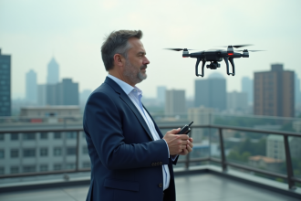 Homme d'âge moyen en costume bleu opérant un drone sur un toit urbain
