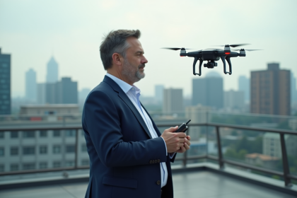 Homme d'âge moyen en costume bleu opérant un drone sur un toit urbain