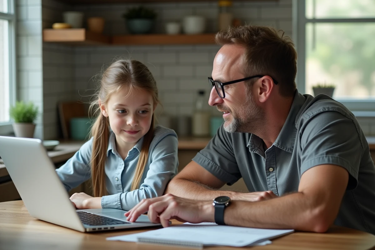 Homme expliquant une formule Excel à une adolescente à la cuisine