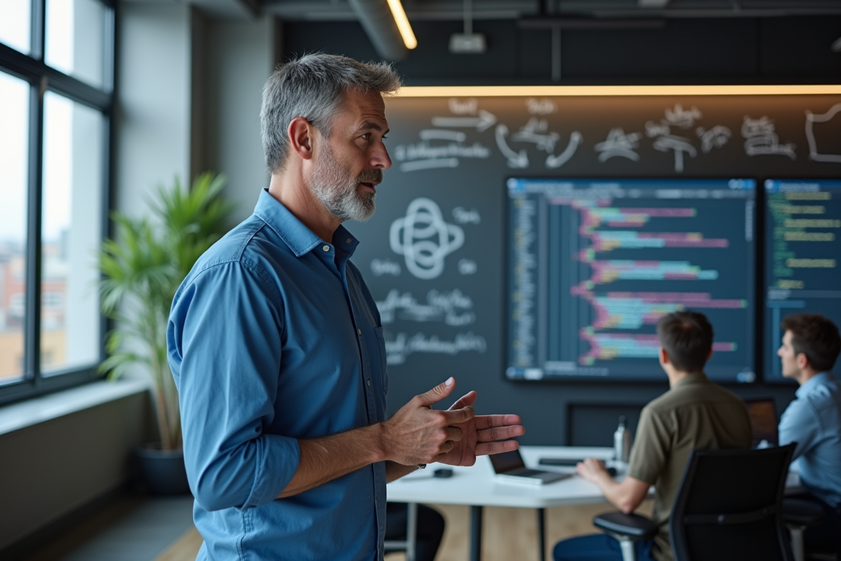 Homme expliquant du code Python dans un bureau moderne