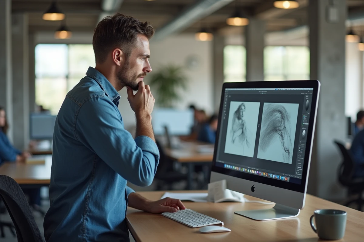 Homme utilisant Paint sur iMac dans un bureau open space moderne pour comparer les logiciels de dessin