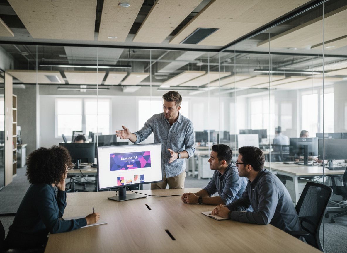 Homme présentant un site web à une réunion de groupe