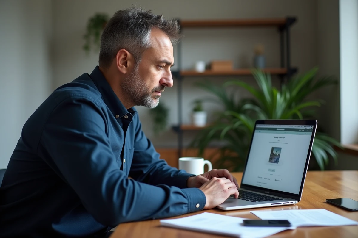 Homme récupérant des photos supprimées sur iPhone via un MacBook dans un bureau à domicile