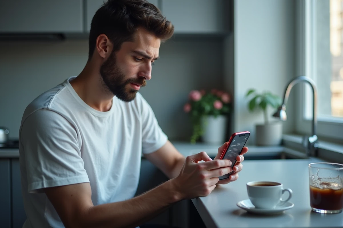 Homme paramétrant les réglages d'alarme sur iPhone dans une cuisine moderne le matin