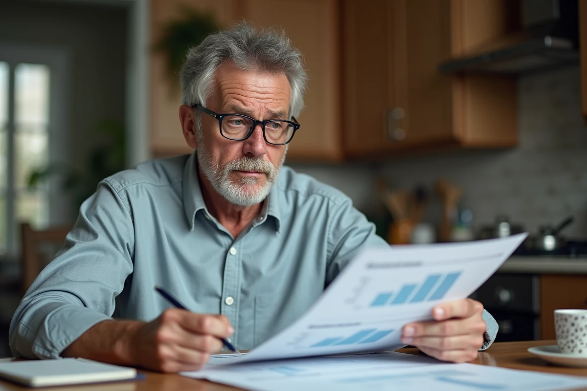 Homme âgé analysant des feuilles Excel imprimées à la maison