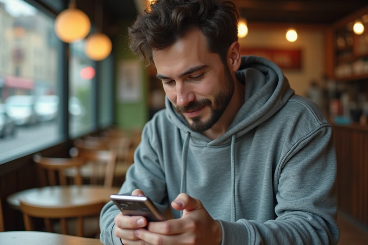 Homme en sweat gris utilisant un Sony Ericsson à clavier coulissant dans un café urbain, prise de vue portrait mi-corps réaliste