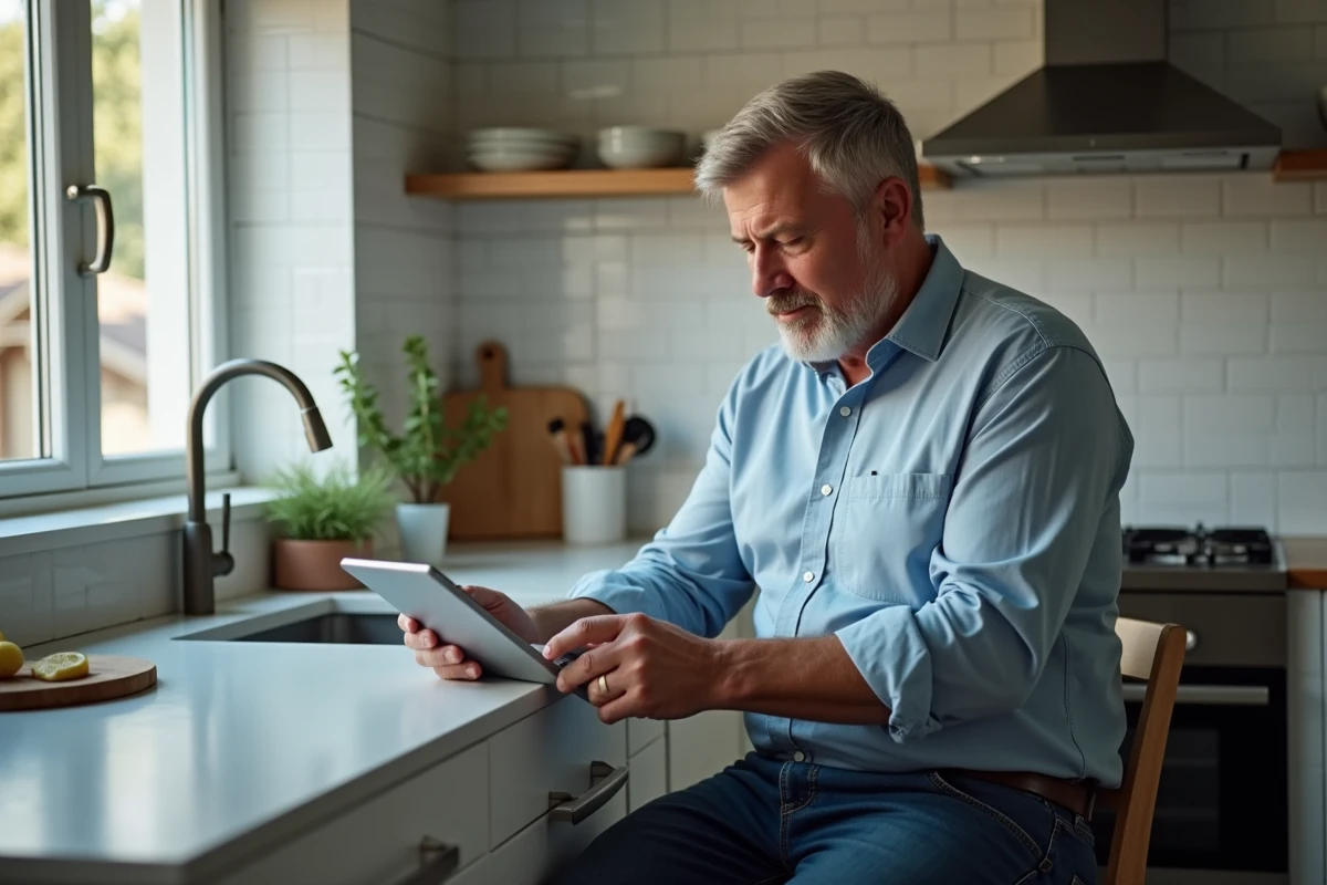 Homme concentré utilisant une tablette dans une cuisine moderne