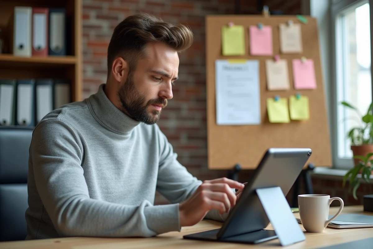 Homme en télétravail organisant ses notes et messages professionnels avec une tablette Android et un presse-papier