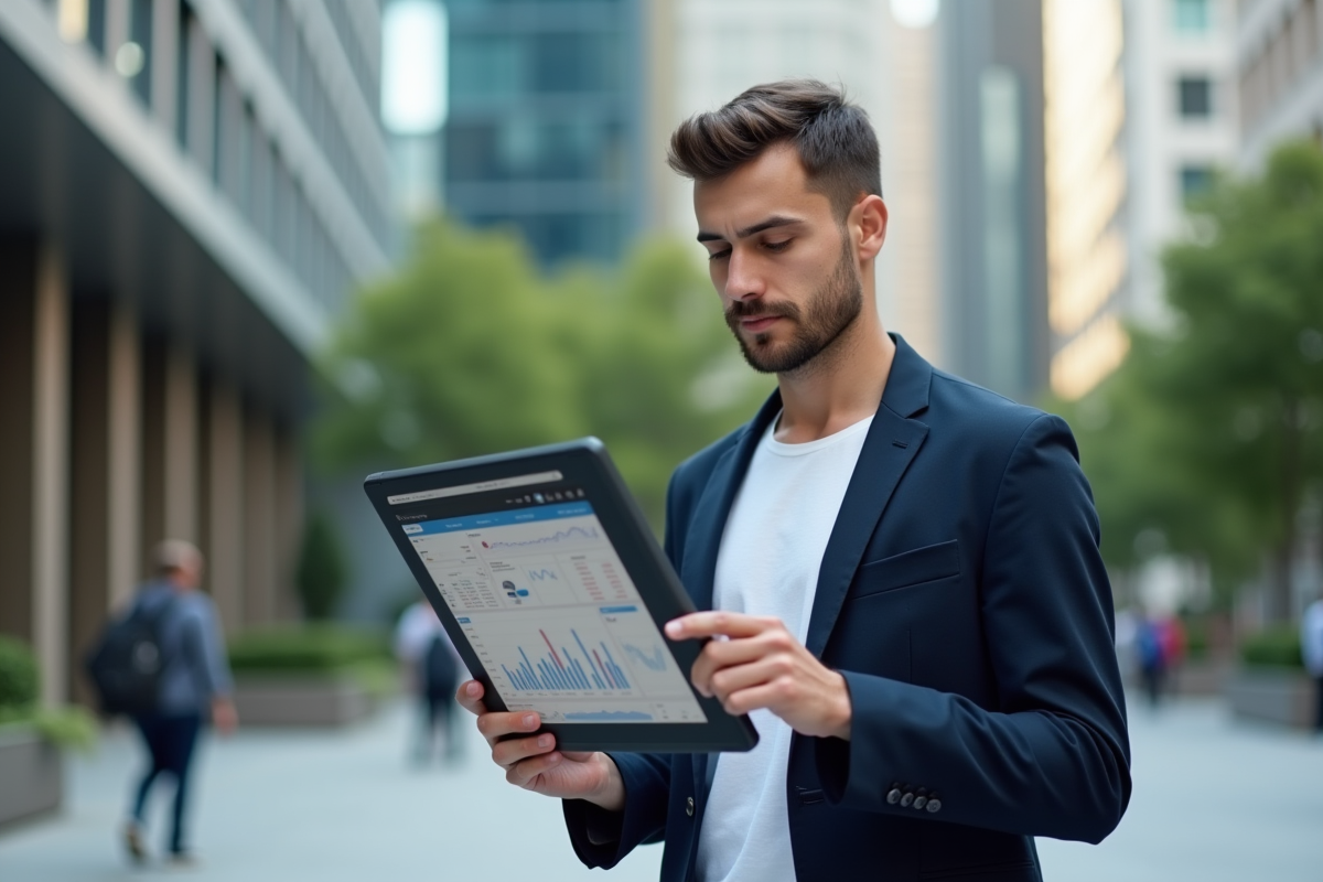 Homme avec tablette affichant des analyses en ville