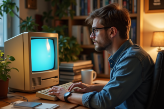 Homme assis à un bureau vintage avec ordinateur Windows 3