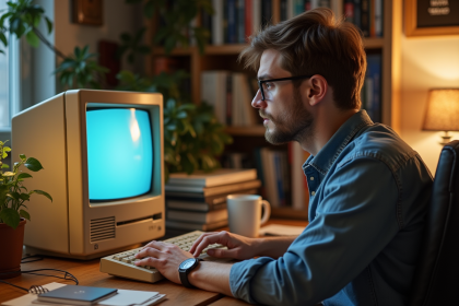 Homme assis à un bureau vintage avec ordinateur Windows 3