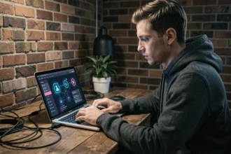 Homme utilisant un VPN sur un ordinateur portable pour protéger sa connexion internet en ligne