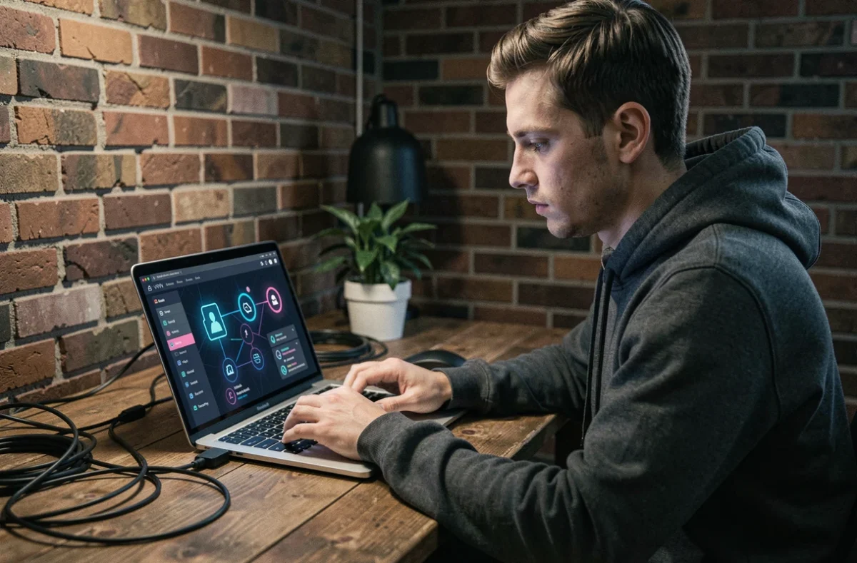 Homme utilisant un VPN sur un ordinateur portable pour protéger sa connexion internet en ligne