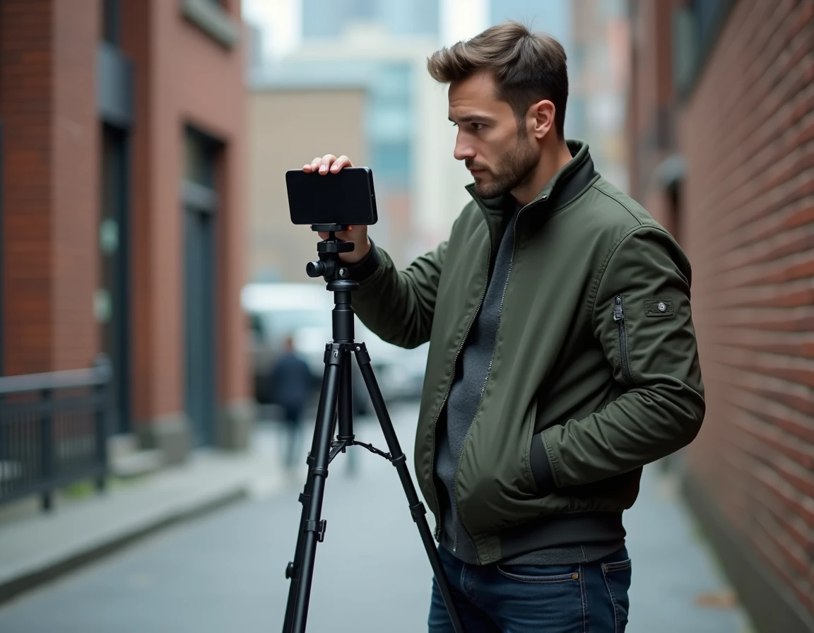 Homme créant du contenu pour les réseaux sociaux avec le Xiaomi 15 en milieu urbain