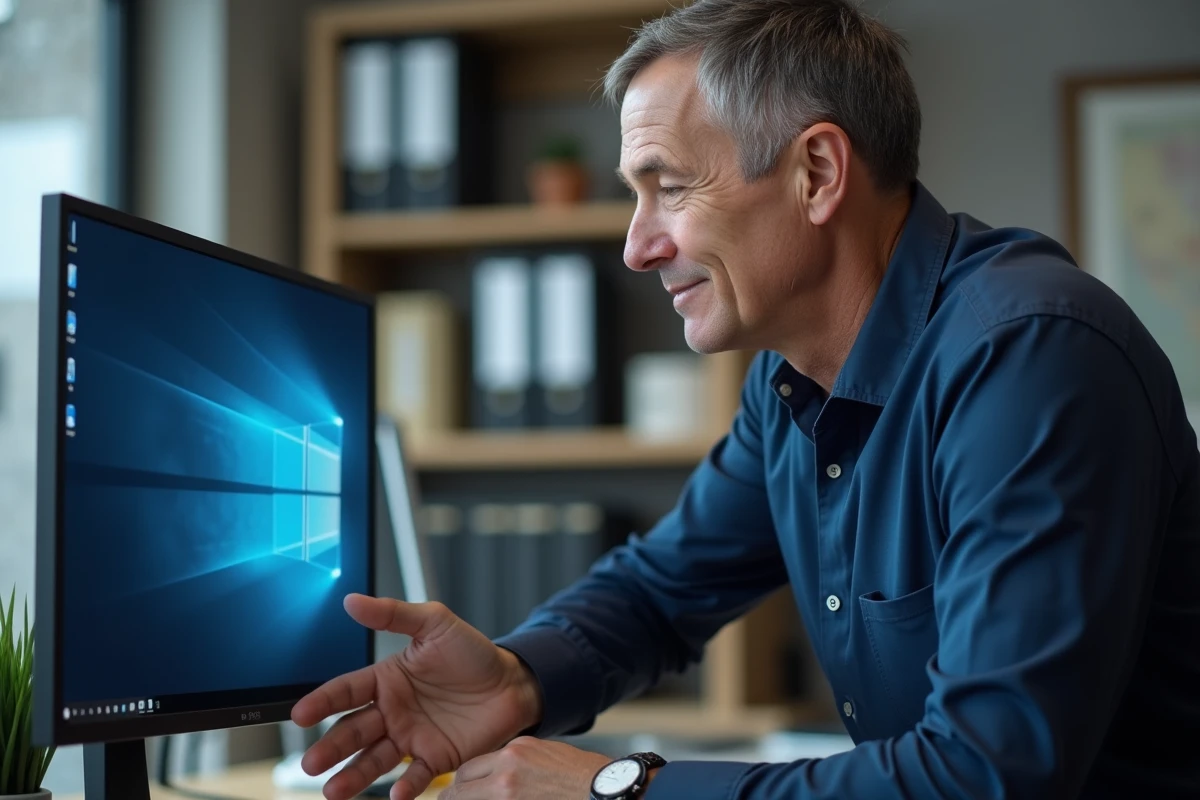 Homme en bureau professionnel cherchant à restaurer une icône manquante sur le bureau d'un ordinateur Windows