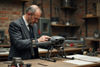 Ingénieur homme en costume assemble un drone ancien dans un atelier industriel
