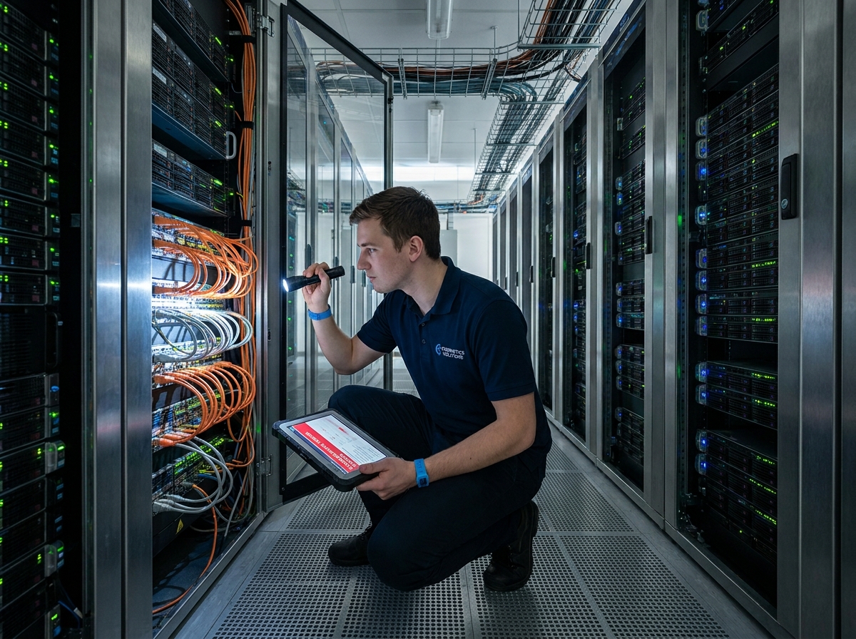 Ingénieur réseau inspectant physiquement des serveurs en datacenter avec rapport de failles de sécurité sur tablette