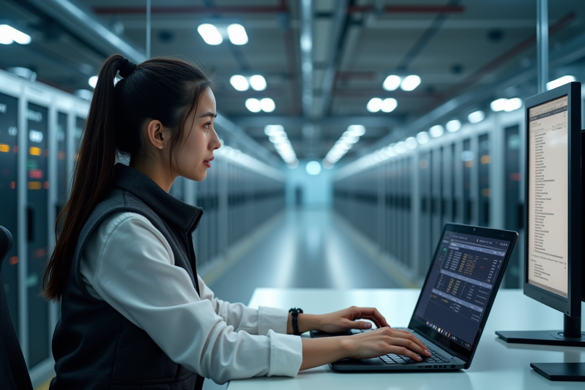 Jeune ingénieure dans un bureau avec vue sur le centre de données