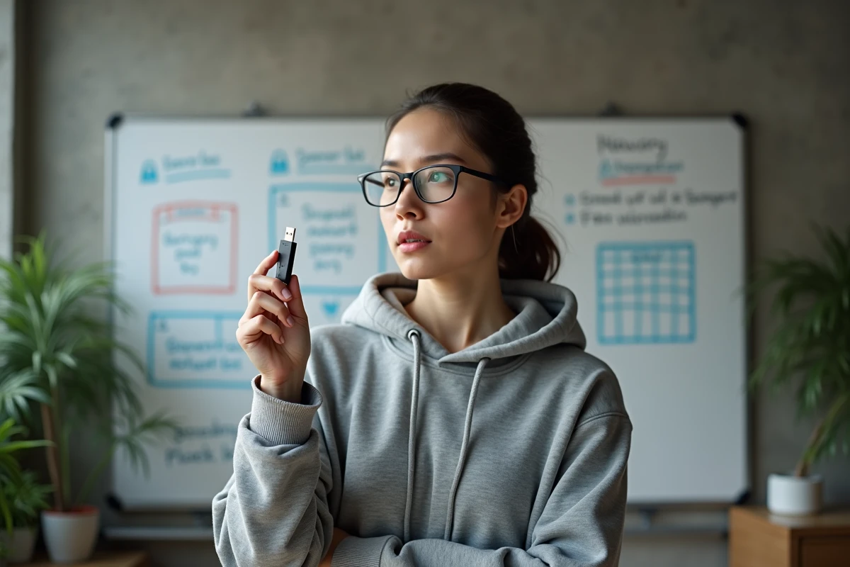 Ingénieure logiciel inspectant une clé USB suspecte devant un tableau de sécurité réseau en bureau tech