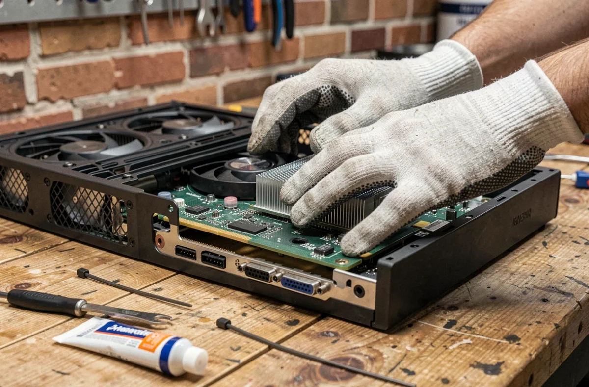 Installation d'une carte graphique abordable dans un PC de bureau lors d'un montage DIY pour optimiser son budget gaming en 2026
