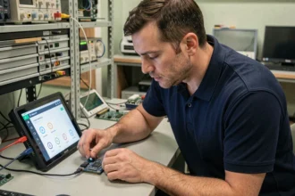 Ingénieur examinant une interface graphique embarquée sur un petit écran tactile dans un laboratoire électronique