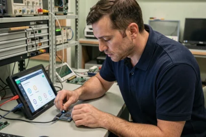 Ingénieur examinant une interface graphique embarquée sur un petit écran tactile dans un laboratoire électronique