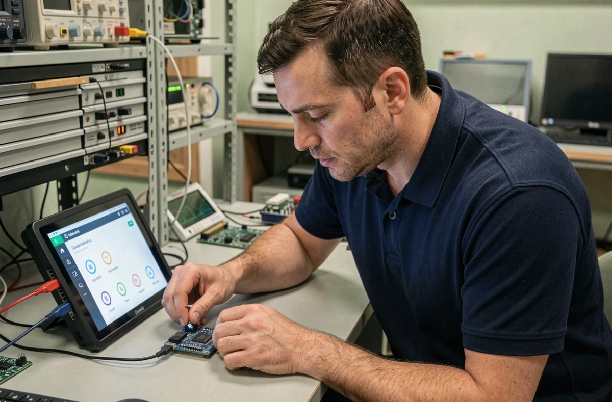Ingénieur examinant une interface graphique embarquée sur un petit écran tactile dans un laboratoire électronique