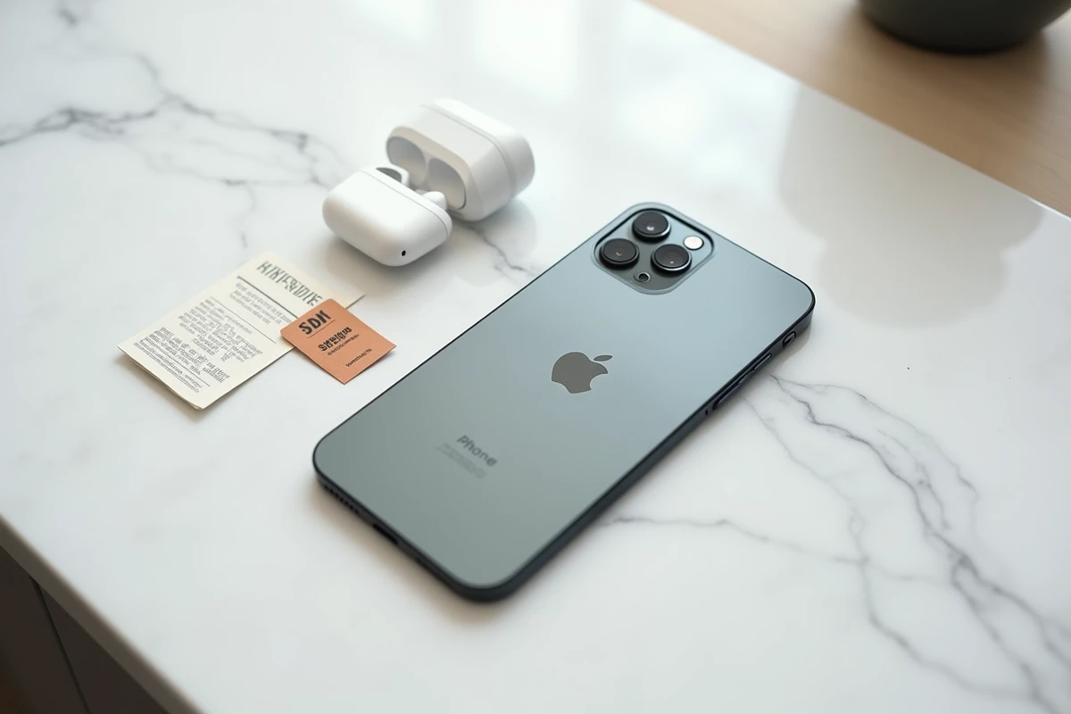 iPhone 16e posé sur un comptoir en marbre avec une étiquette de réduction et des accessoires, représentant les meilleures offres et bons plans disponibles en 2026