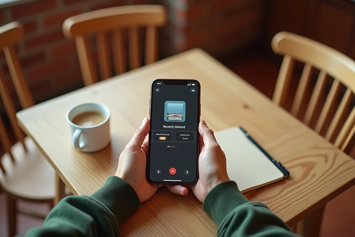 Mains tenant un iPhone avec le dossier Supprimés Récemment vide dans l'application Photos