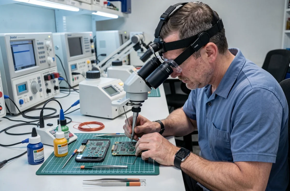 Technicien d'iReparPhone réalisant une micro-soudure sous microscope sur une carte mère de smartphone