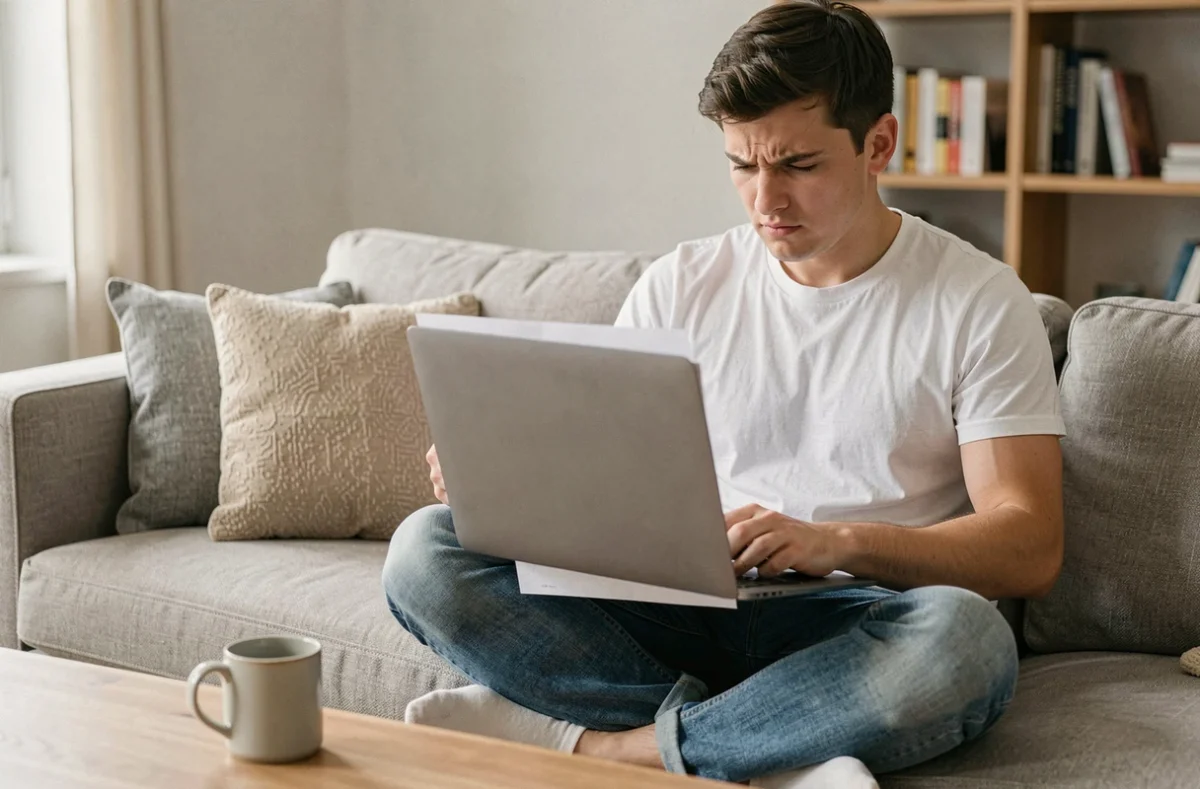 Jeune adulte frustré sur un canapé essayant de supprimer une page blanche dans Word sur son ordinateur portable