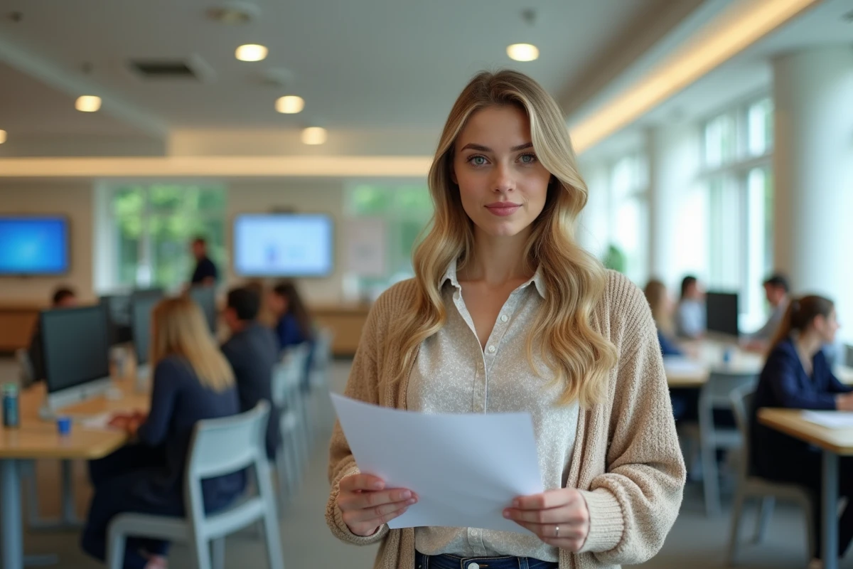 Jeune enseignante tenant un guide imprimé dans un espace convivial