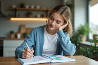 Jeune femme regardant un agenda coloré dans la cuisine