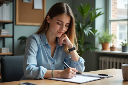 Jeune femme concentrée travaillant à son bureau lumineux