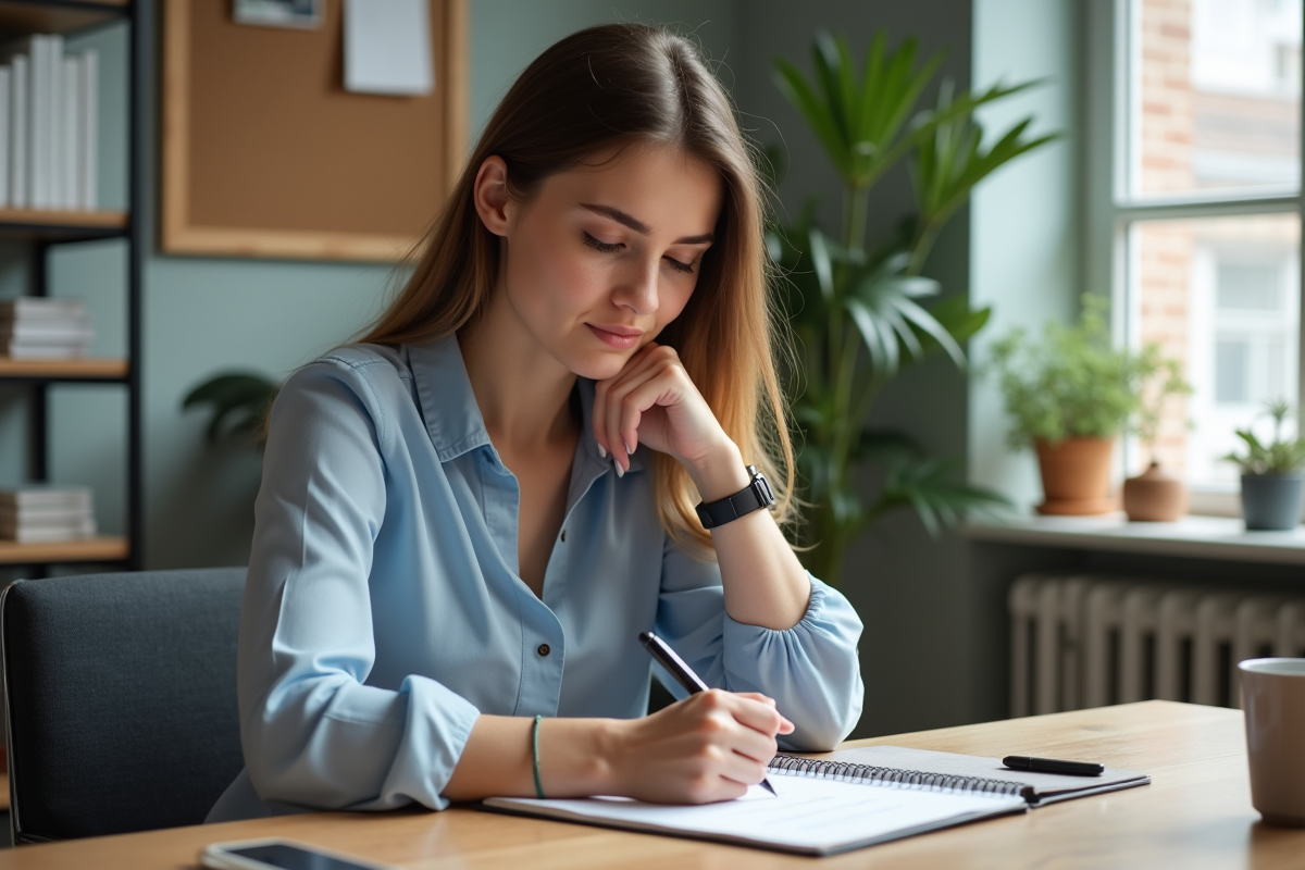 Jeune femme concentrée travaillant à son bureau lumineux