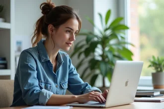 Jeune femme en denim au bureau regardant son laptop