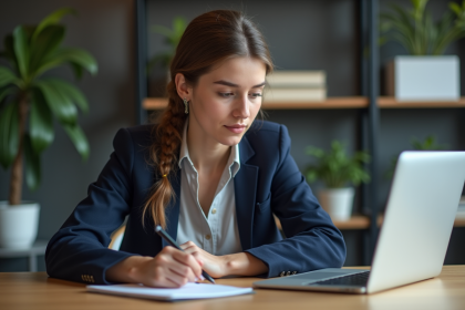Jeune femme au bureau compare logiciels de transcription